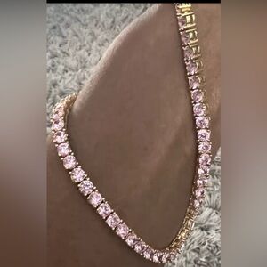 Gold Tennis Chain Necklace Pink Diamond Simulants 20" Womens Necklace